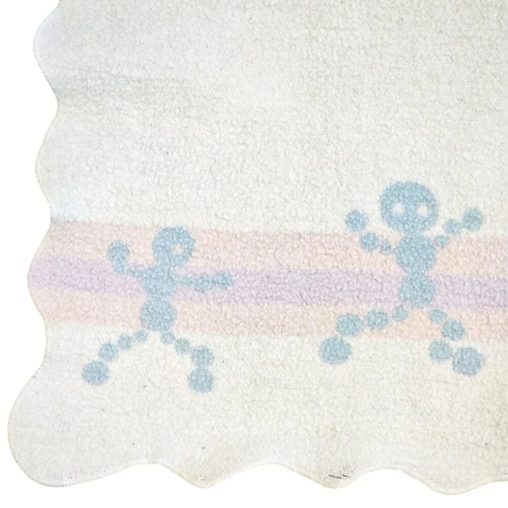 Vintage 1950s‎ Baby Blanket Reversible Blue White Scalloped Edge Circles Fleece